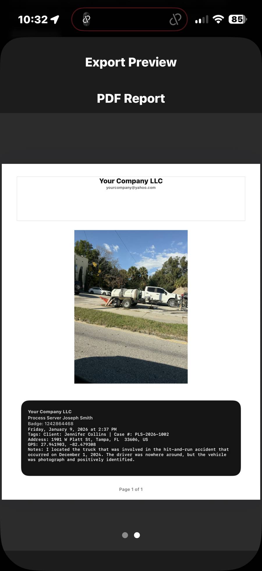 PDF report with burned photo